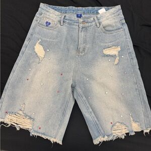 Distressed Denim Shorts with Pearl Accents